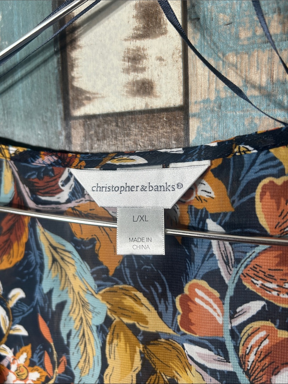 Christopher & Banks Navy Floral Open-Front Kimono with Mustard & Rust Accents - Picture 2 of 14